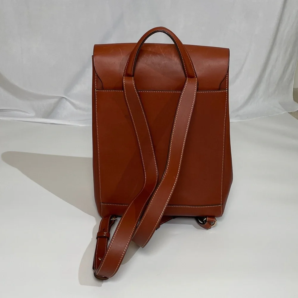 Paul Stuart 100% Leather Backpack Tan Brown Red Lining Gold Hardware